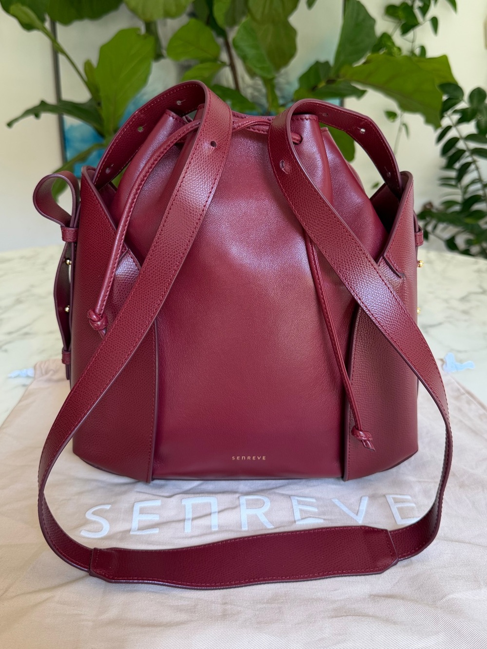 Senreve Fiore Bucket Bag Vegan Misto Leather Currant Burgundy Crossbody Shoulder